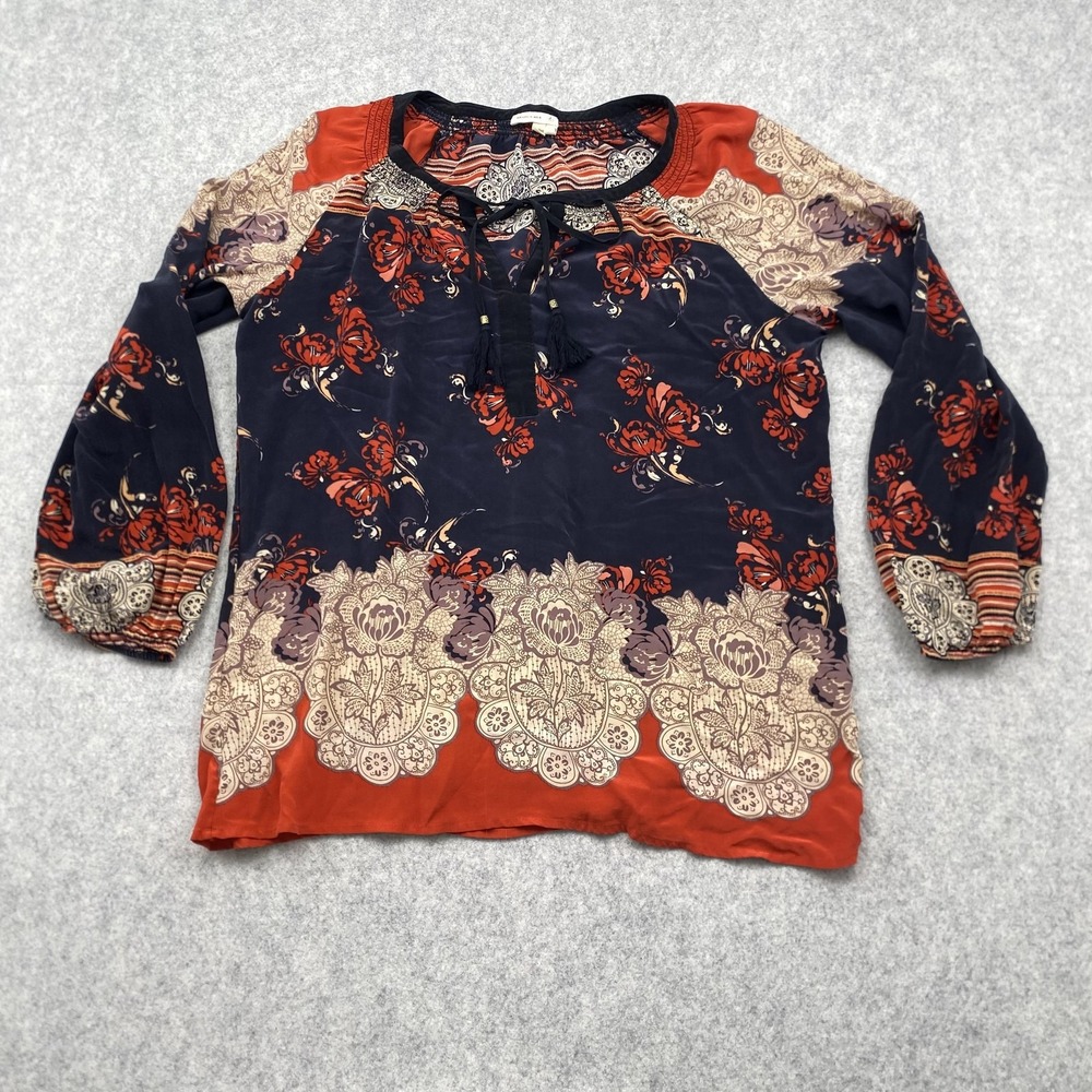 Meadow Rue Blouse Womens Large Multicolor Floral Henley Long Sleeve Tunic Top